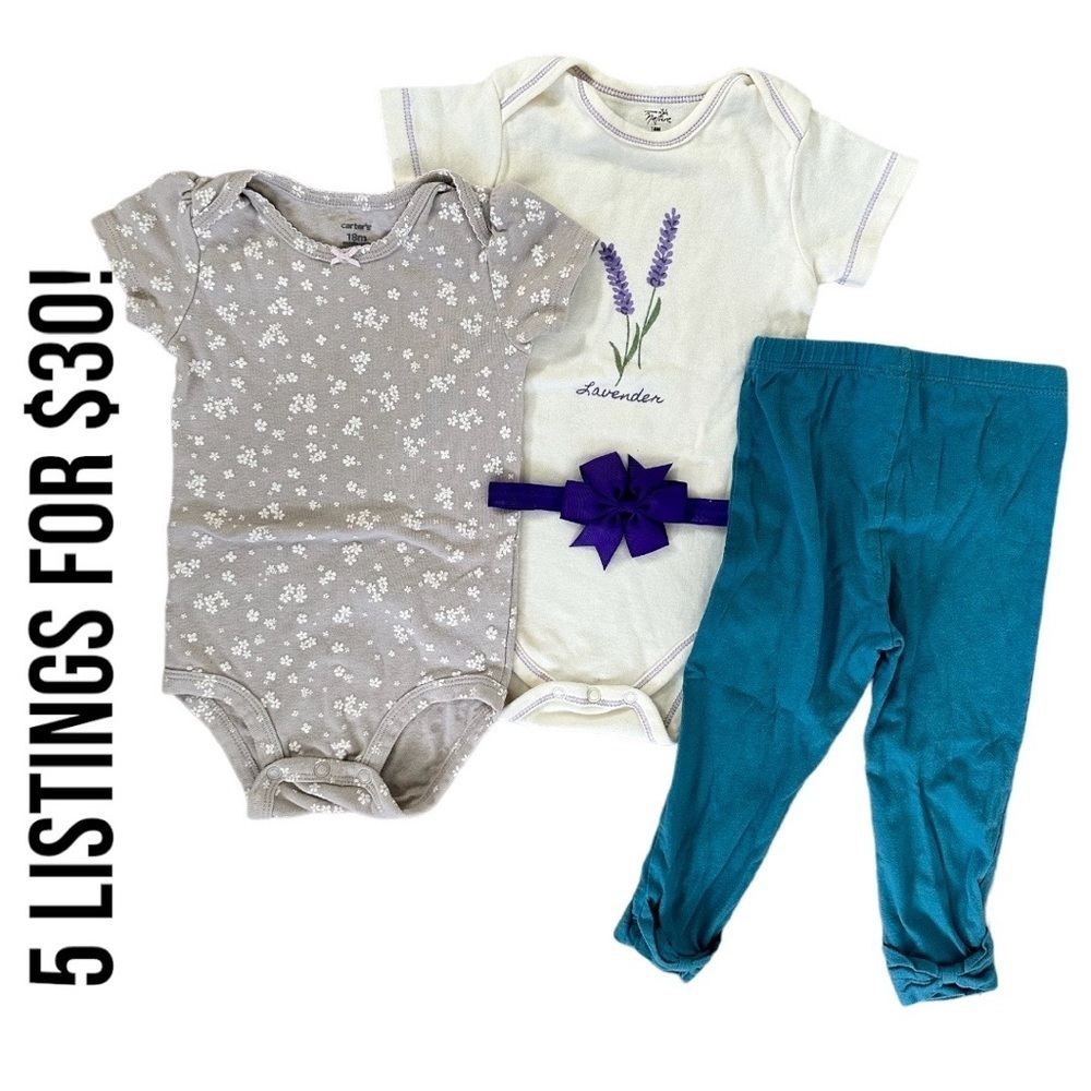 Carters /touched by nature 18 month baby girl pants shirt hairpiece top bundle
